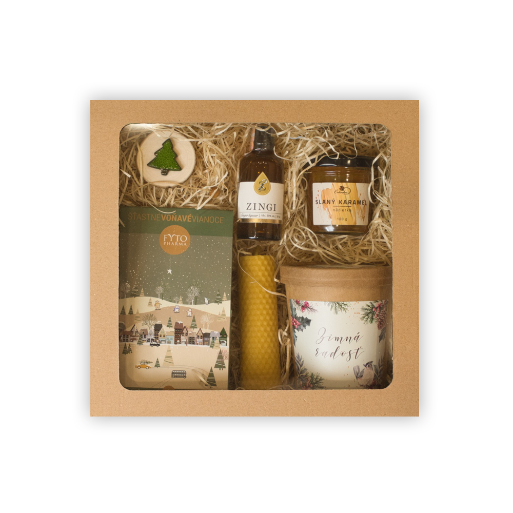 Vianočný box – tuba, čaj, Zingi, sviečka a slaný karamel