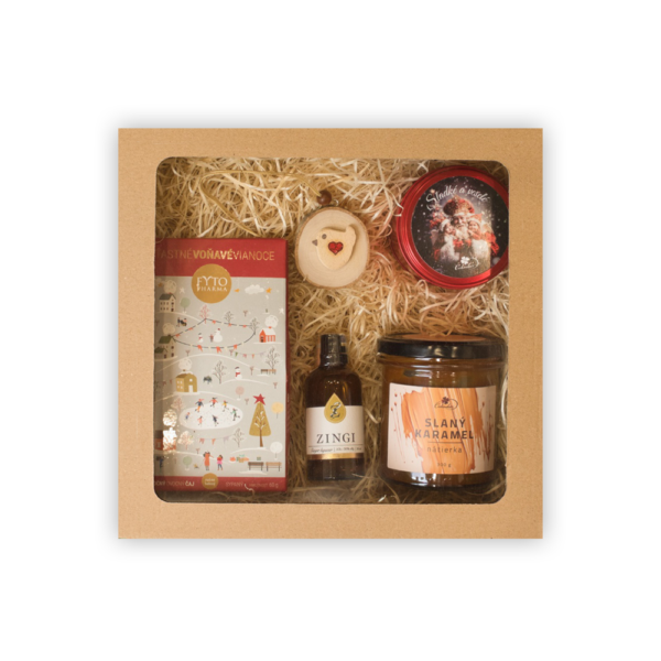Vianočný box – plechovka, slaný karamel, čaj a Zingi